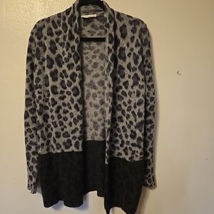White + Warren Cashmere Cardigan Sweater Black Gray Leopard S